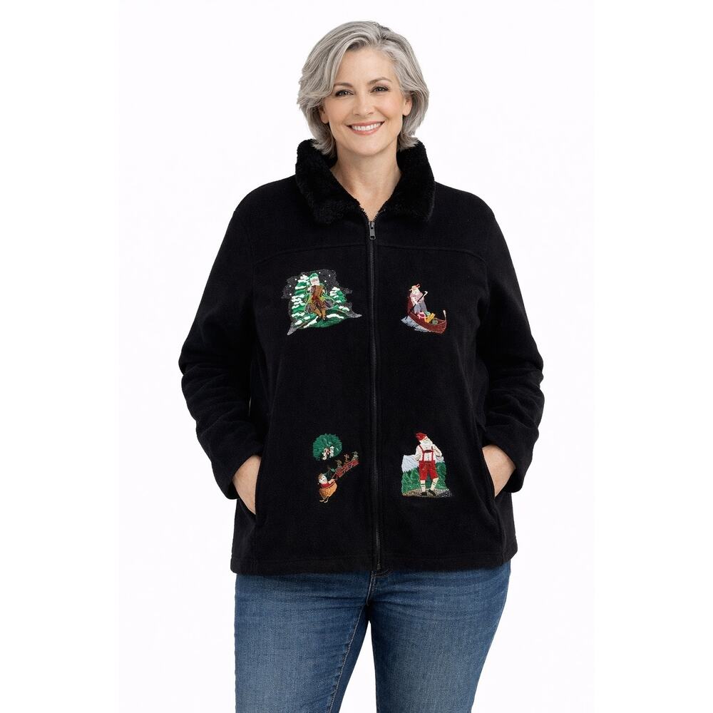 Nick & Sarah Christmas Black Full Zip Fleece Jacket Embroidered Womens 2x